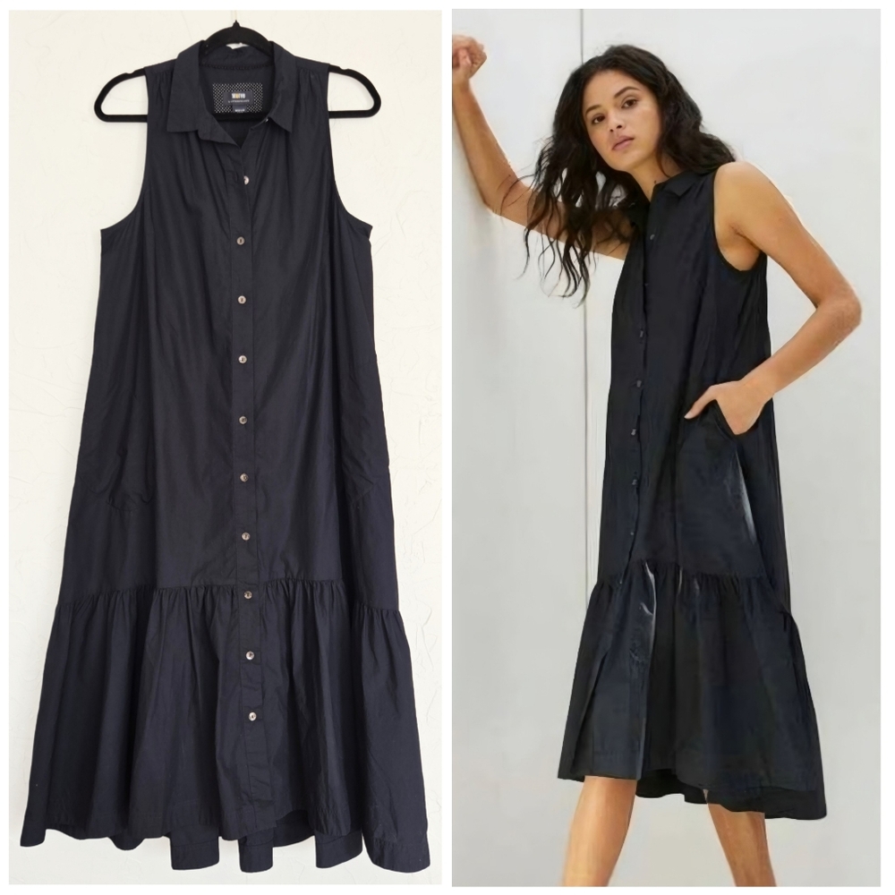 Anthropologie Black Sleeveless Button-Front Midi Dress